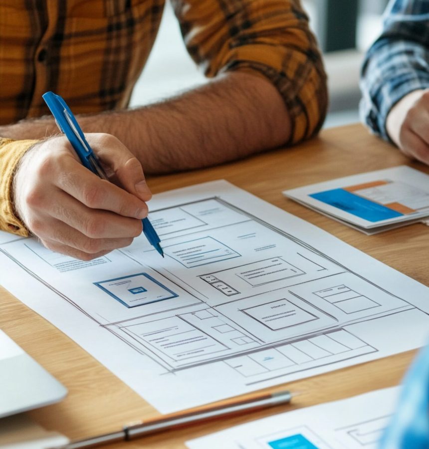 Designers collaborating on a user interface project, analyzing layouts and brainstorming ideas to create an innovative digital experience for their new application.